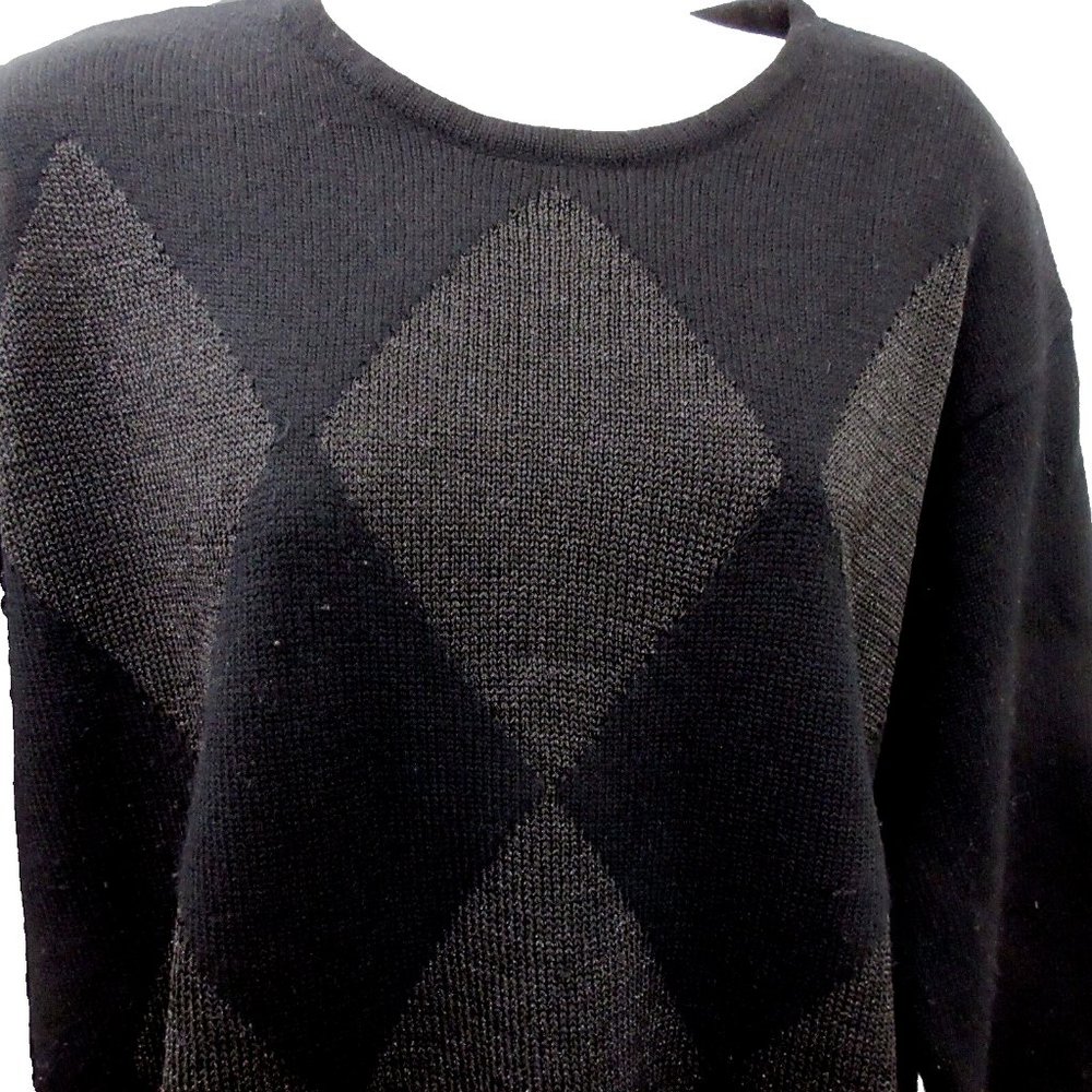 VTG Liz Claiborne Sweater Size Medium Black Wool Blend Diamond Shimmer Patterned